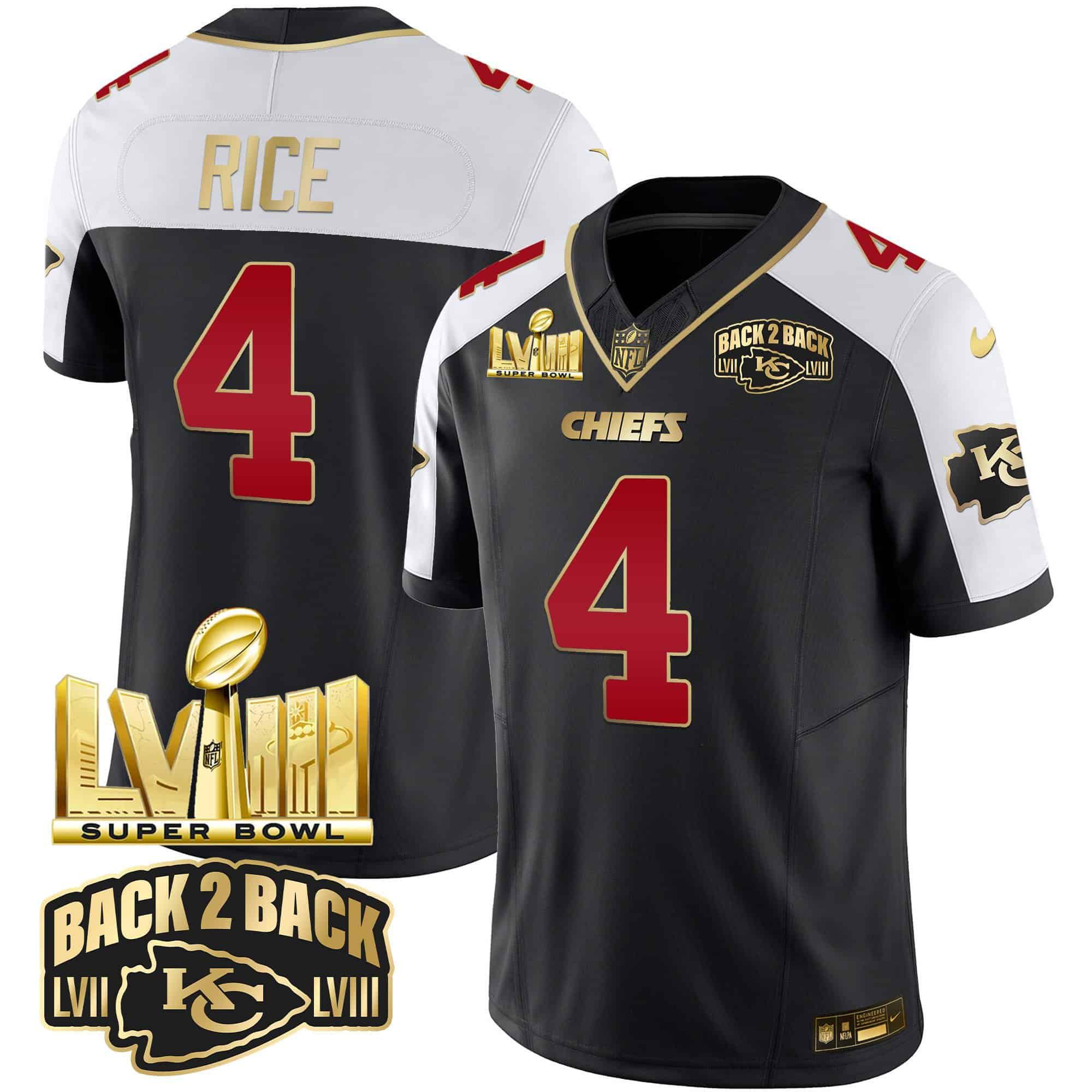 Men Kansas City Chiefs #4 Rice Black 2024 Nike Super Bowl LVIII & Back-2-Back Gold Patch Vapor NFL Jersey